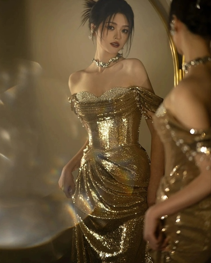 Robe de soirée longue style sirène à paillettes, épaules dénudées, couleur champagne doré, DP5512