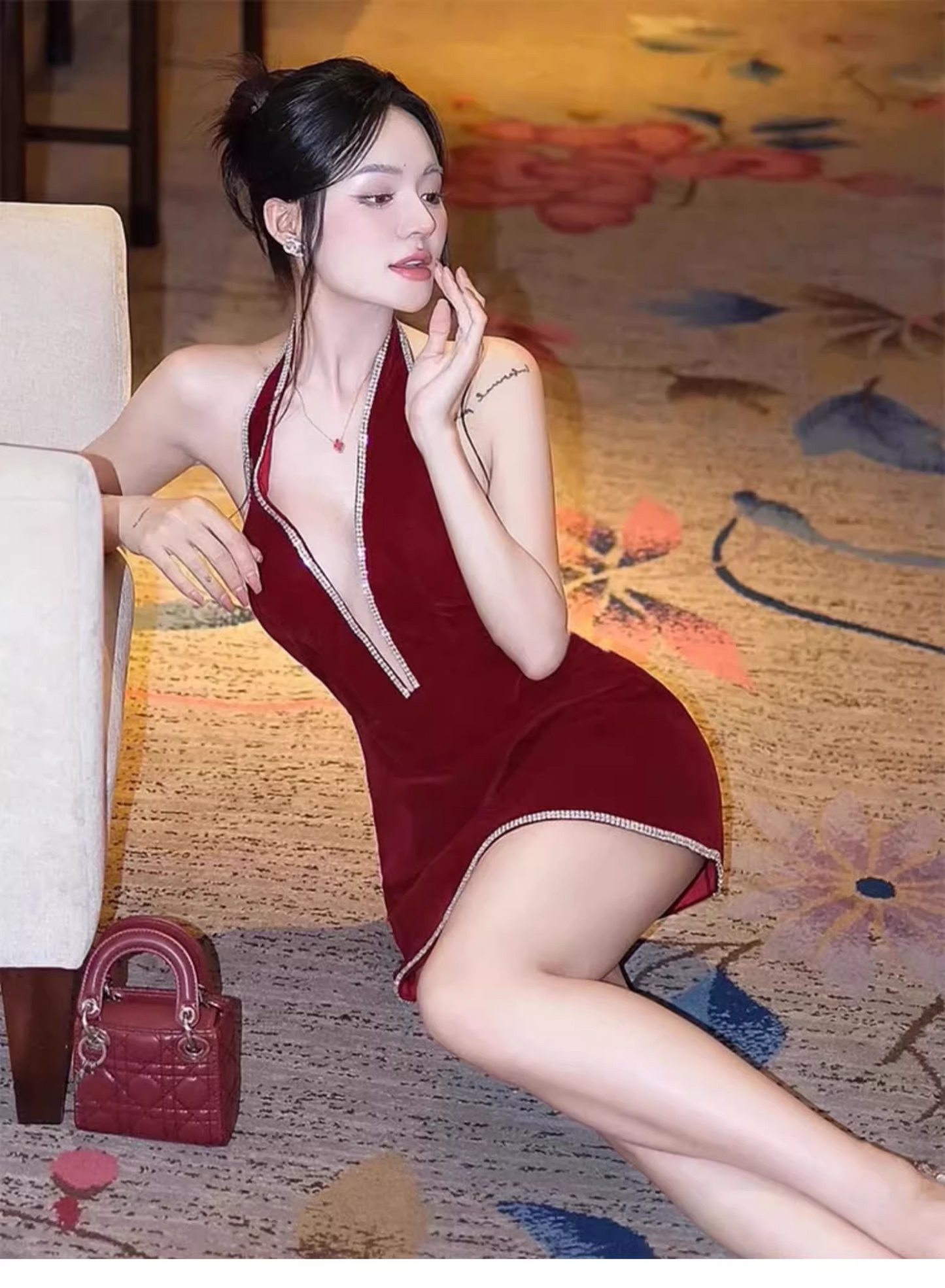 Simple Fashion Burgundy V-neck Halter Dress Design A-line Party Dress Homecoming Dress, DP5855