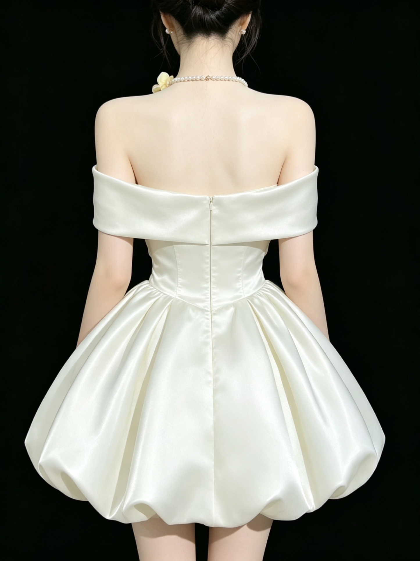 Elegant Ivory Satin Off-the-Shoulder Large Bow Corset Bubble A-Line Homecoming Dress DP8724