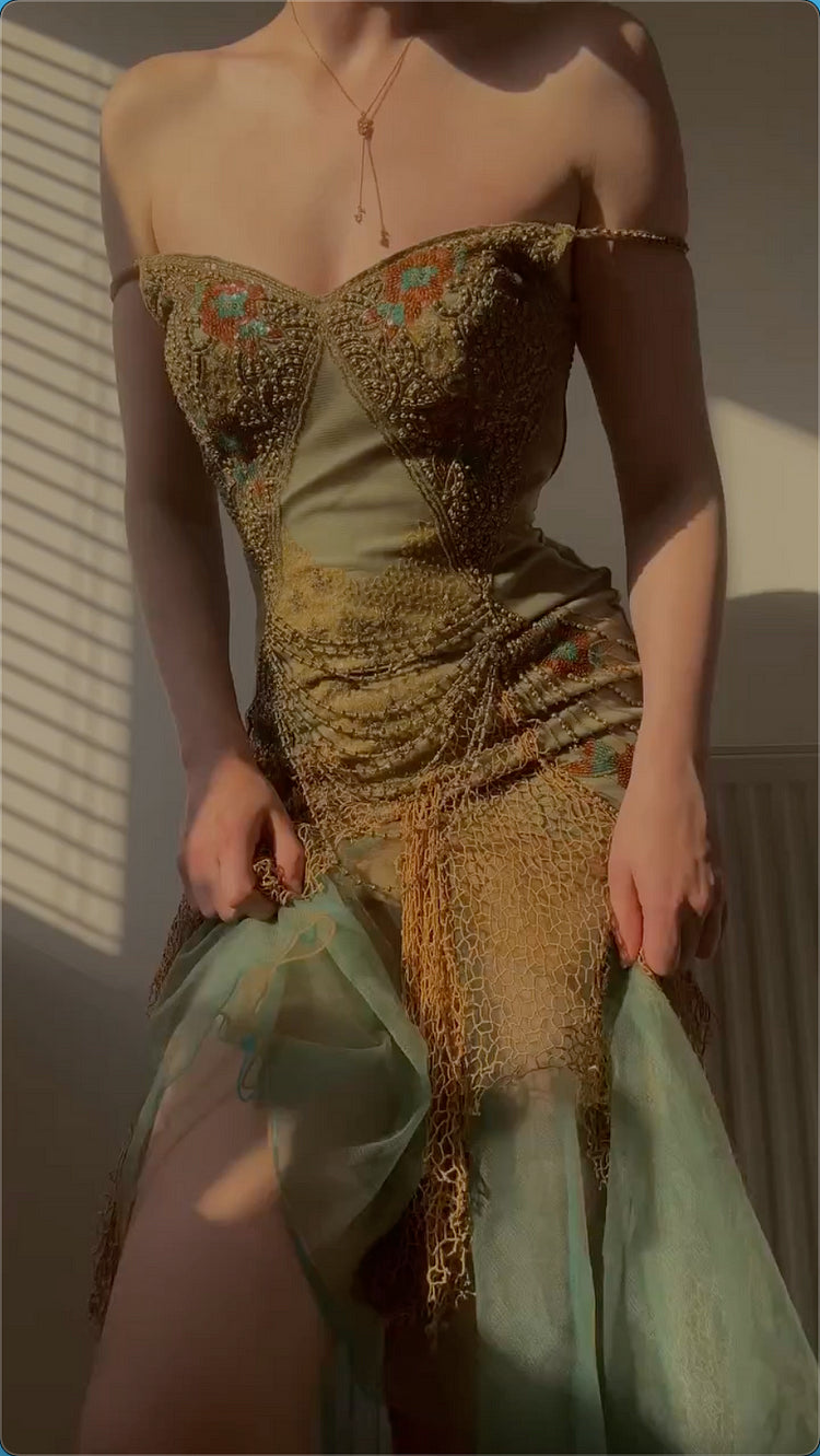 Robe de bal vintage verte en mousseline de soie brodée de perles, coupe trapèze, bretelles spaghetti, robe de soirée longue, robe formelle DP6669