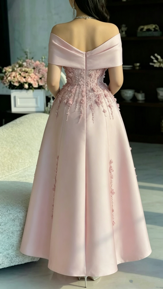 Elegant Pink Off-the-Shoulder Satin 3D Floral Beaded A-Line Evening Gown Party Dress DP8580