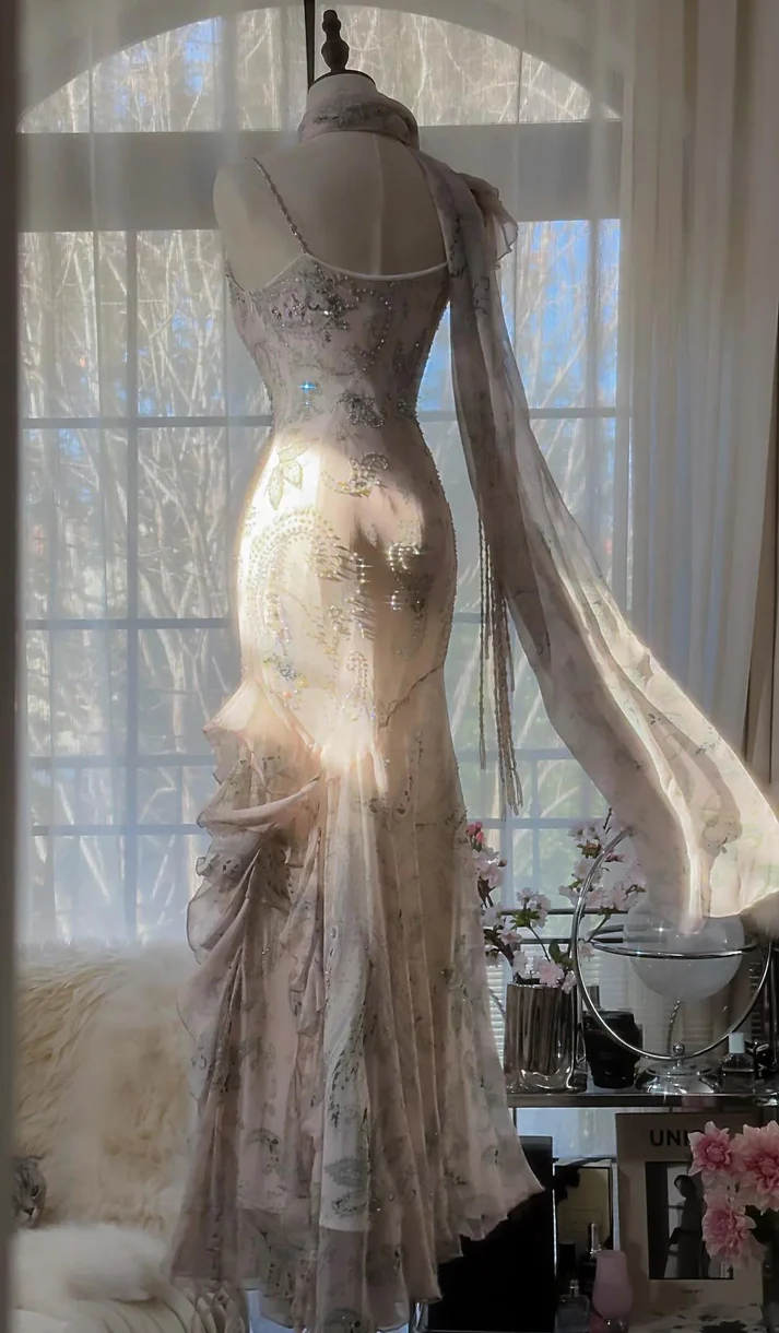 Light Sage Straps Mermaid Beading Chiffon Long Party Dress Birthday Dress, DP4972