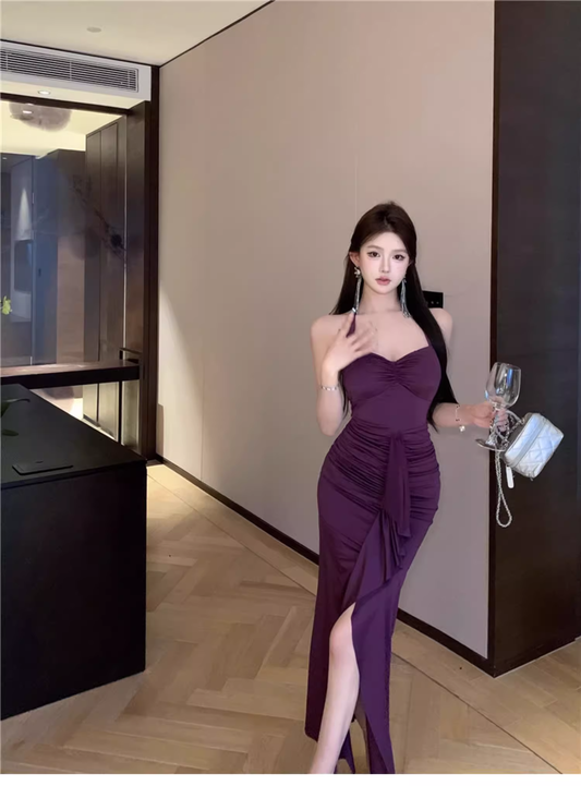 Vintage Purple Sweetheart Pleated Design Prom Dress A-line Halter Dress, DP5944