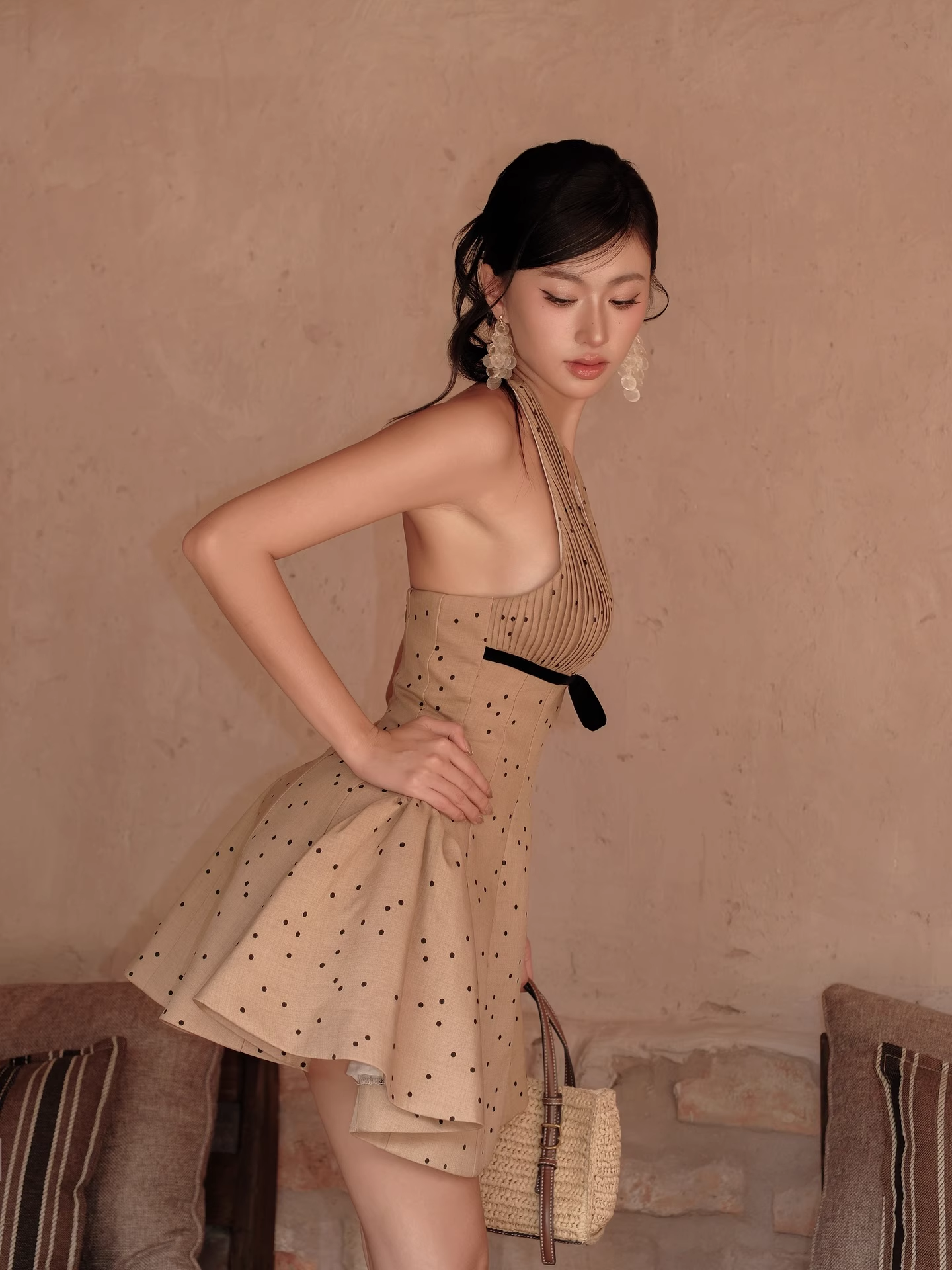 Vintage Khaki Polka Dot A-Line Homecoming Dress Halter-neck Party Dress Short Cocktail Dress, DP6615
