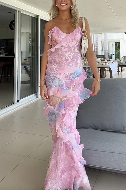 Spaghetti Straps Floral Lace Ruffle Prom Dress Birthday Outfits DP3942