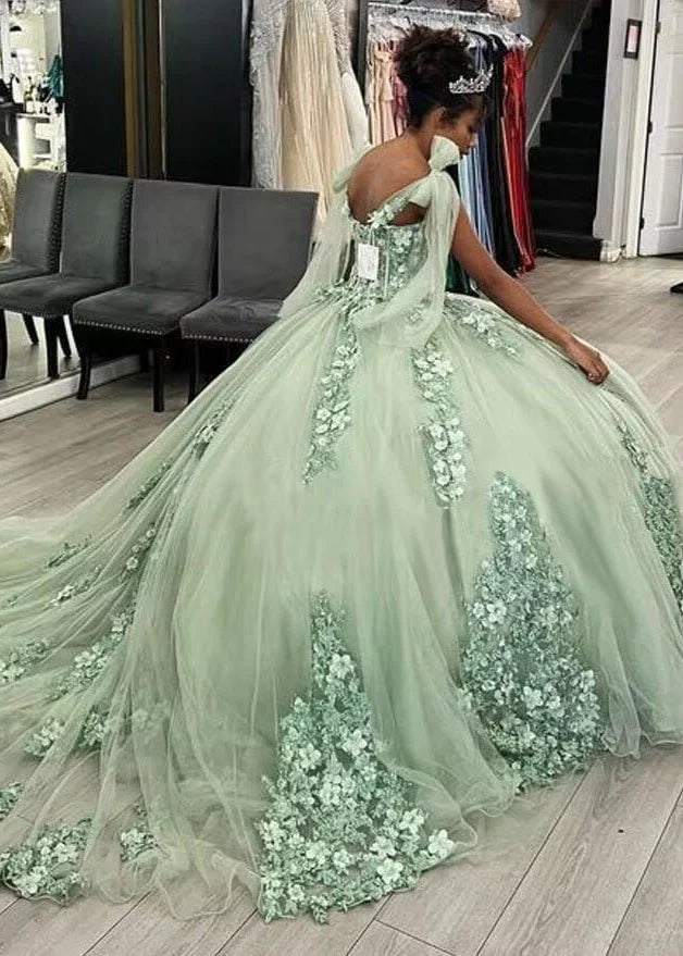 Elegant Sage Green Applique Sweetheart Off-the-shoulder Sweet 16 Quinceanera A-Line Floor-length Prom Dress Evening Dress Ball Gown DP6467