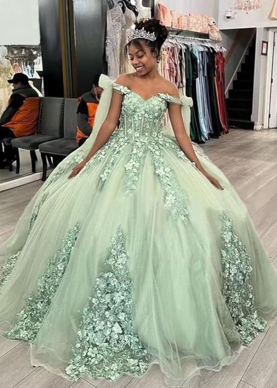Elegant Sage Green Applique Sweetheart Off-the-shoulder Sweet 16 Quinceanera A-Line Floor-length Prom Dress Evening Dress Ball Gown DP6467