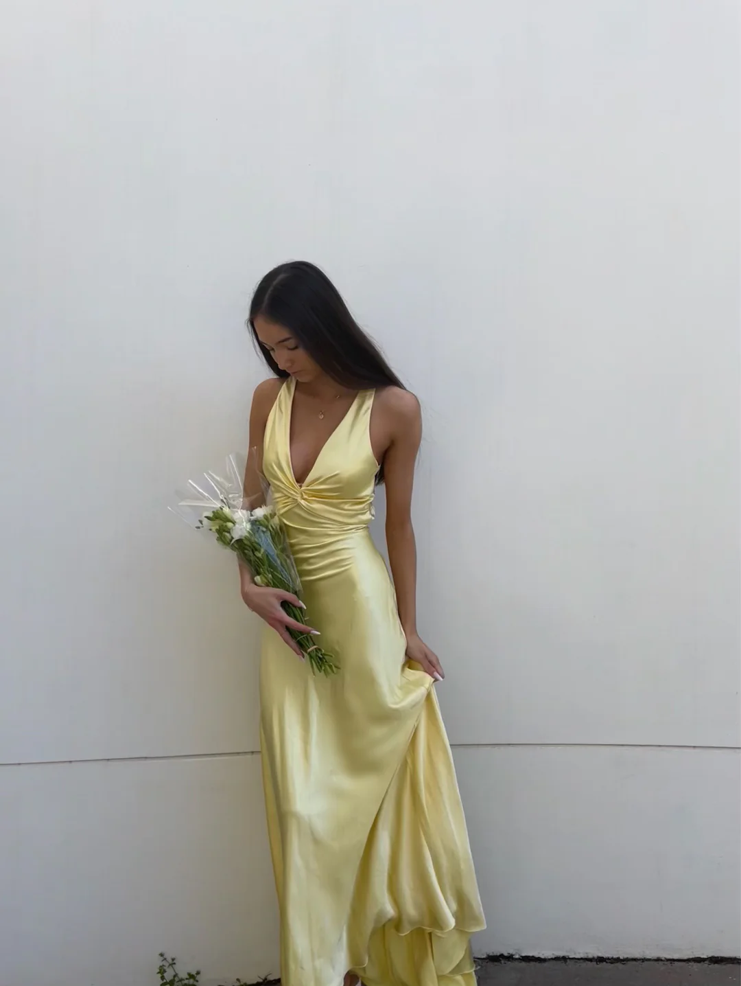 Yellow V Neck Backless Elegant Party Dress Wedding Guest Dress, DP2861