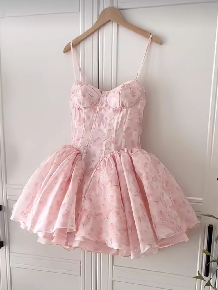 Fashion Pink Sweetheart Floral Spaghetti Strap Design A-line Chiffon Party Dress Homecoming Dress, DP5841