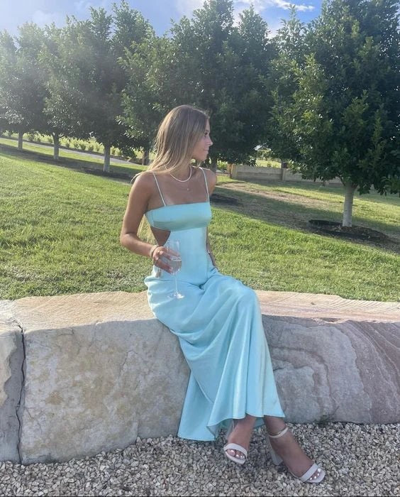 Blue Spaghetti Straps Simple Wedding Guest Dress Long Party Dress, DP3390