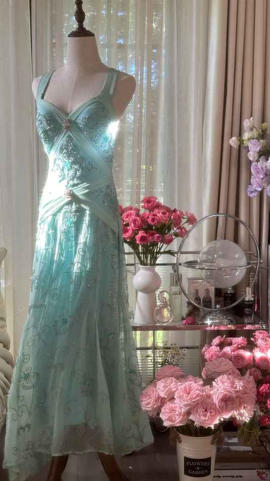 Retro Sparkling Light Blue Sweetheart Design A-line Romantic Chiffon Evening Dress Prom Dress, DP5985