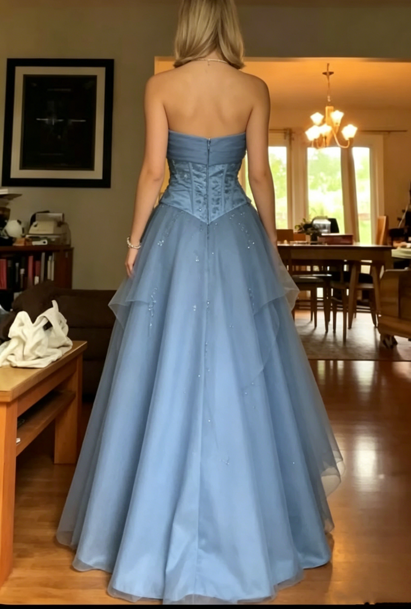 Elegant Dusty Blue Layered Tulle Beaded Strapless Sweetheart A-Line Prom Dress DP8551