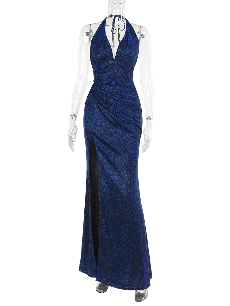 Vintage Glänzendes V-Ausschnitt Neckholderkleid Meerjungfrau Langes hochgeschlitztes Sommerkleid Ballkleid Abendkleid DP6399