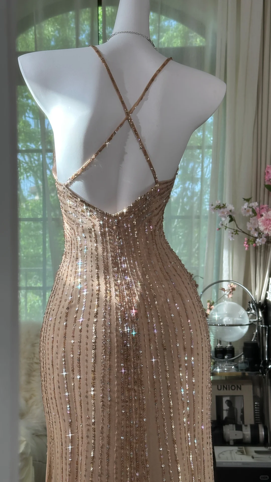 Glamorous Champagne Sequin Halter-Neck Sheath Sparkly Formal Evening Gown DP7337