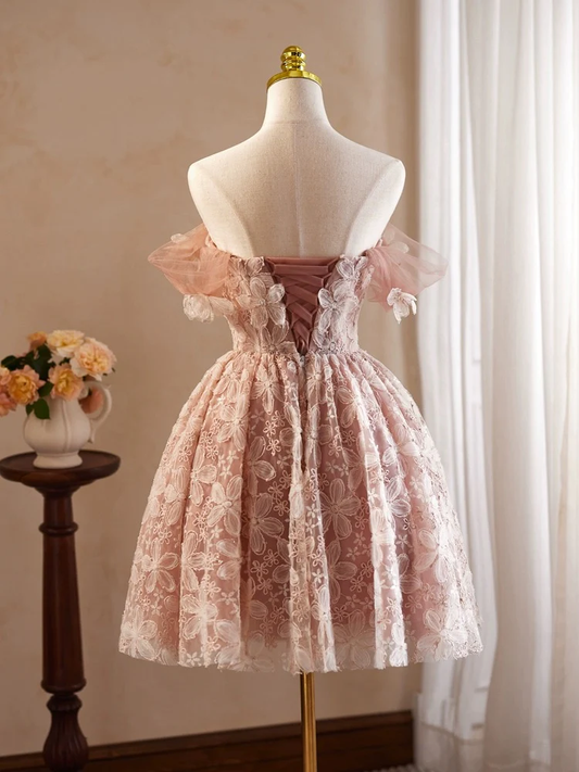 Robe de soirée trapèze en tulle rose rétro à épaules dénudées et appliques DP6067