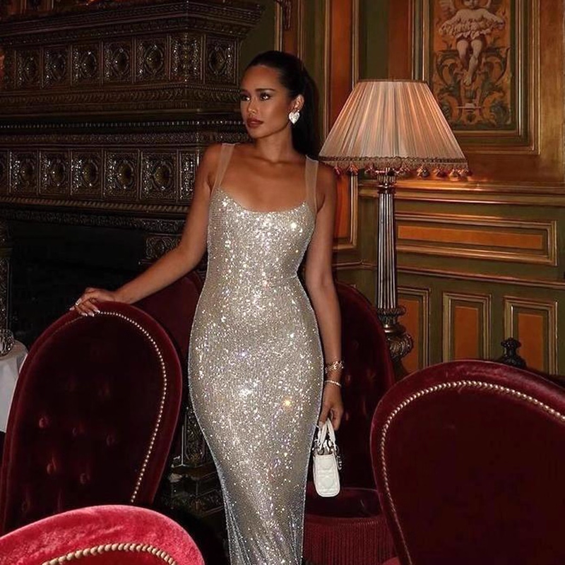 Enchanting Silvery Glittering Sequin Mermaid Long Prom Dress Evening Dress DP6411