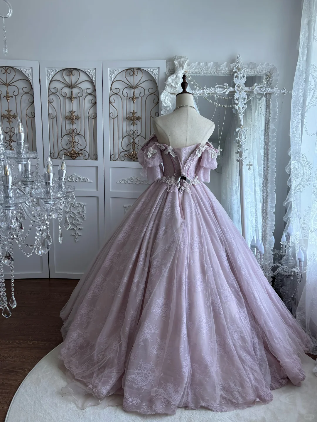 Enchanted Dusty Pink Lace Puff Sleeves Princess Ball Gown DP8301