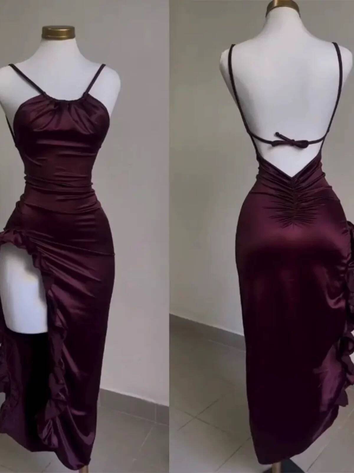 Vintage Backless Ruffle Asymmetrical Midi Length Party Dress, DP2563