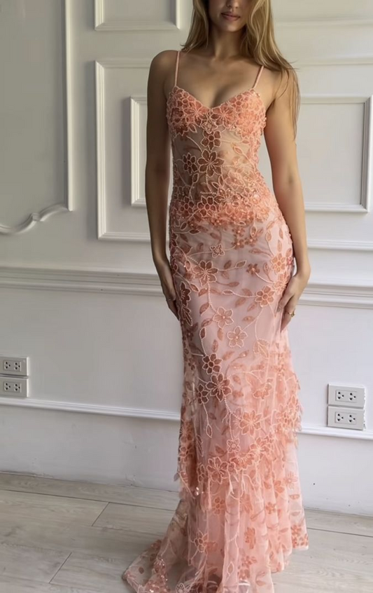 Pink Spaghetti Straps Lace Beading Gorgeous Mermaid Evening Dress, DP2261