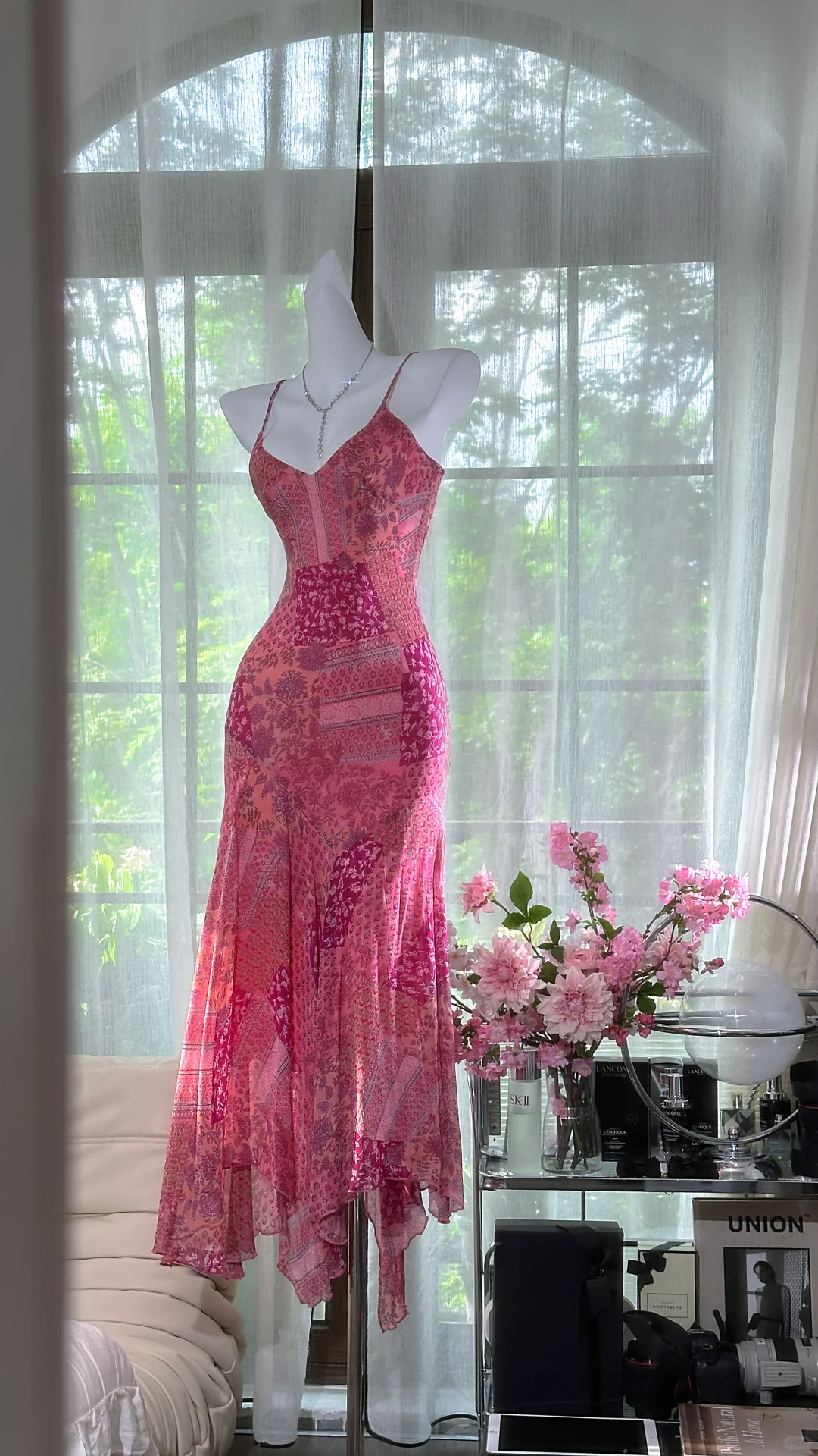 Retro Pink V-neck Floral Elegant Chiffon Evening Dress Prom Dresses DP6146