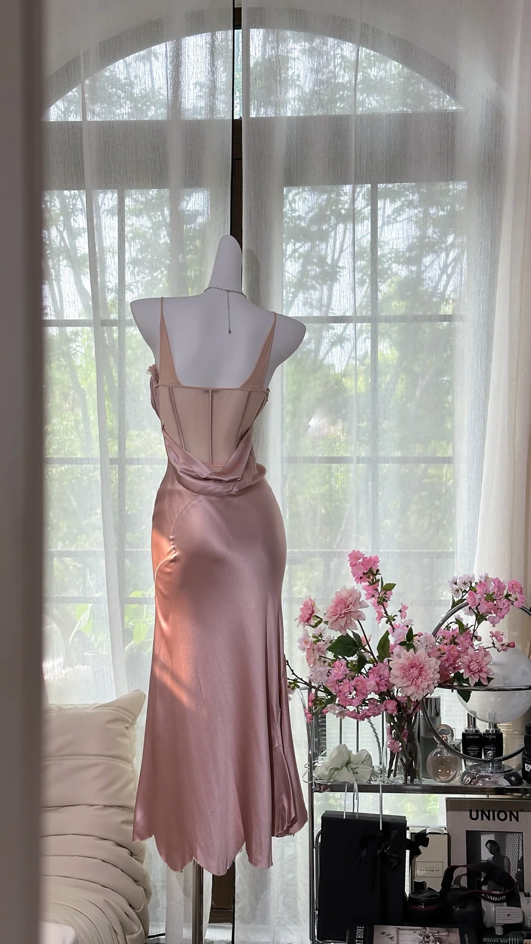 Vintage Pink Spaghetti Strap Mermaid Satin Prom Dress Evening Dress DP6363