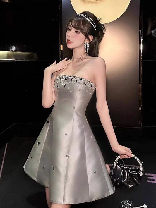 Vintage Silvery Beading Strapless Design A-line Party Dress Homecoming Dress, DP5853