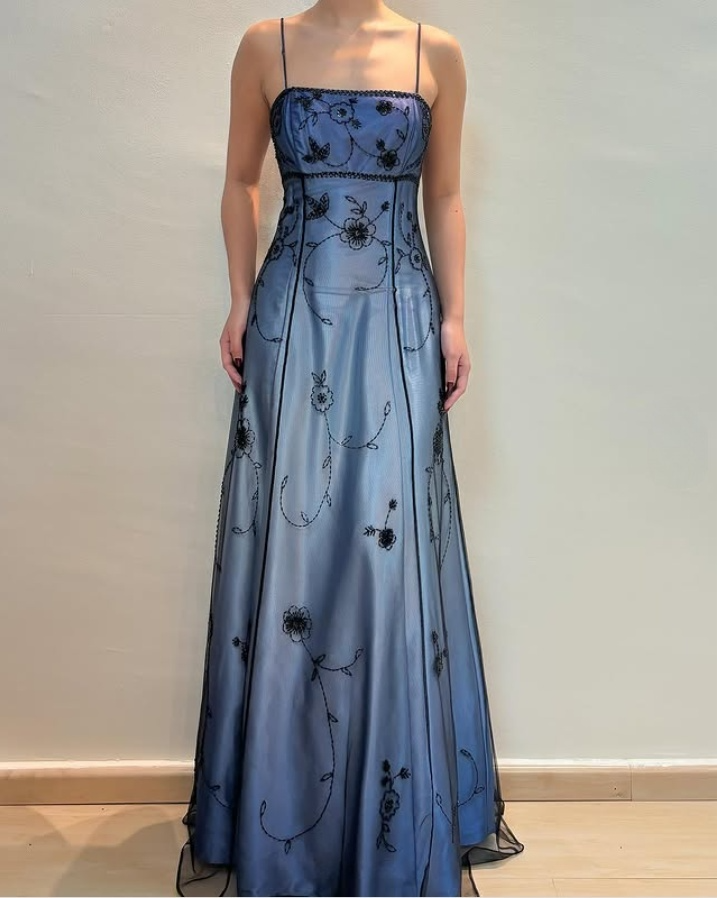 Elegant Blue Spaghetti Straps A-Line Vintage Long Party Dress, DP3990