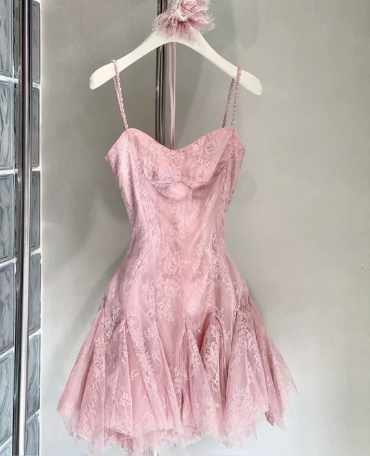 White Straps A-Line Lace Short Party Dress Homecoming Dress, DP3193