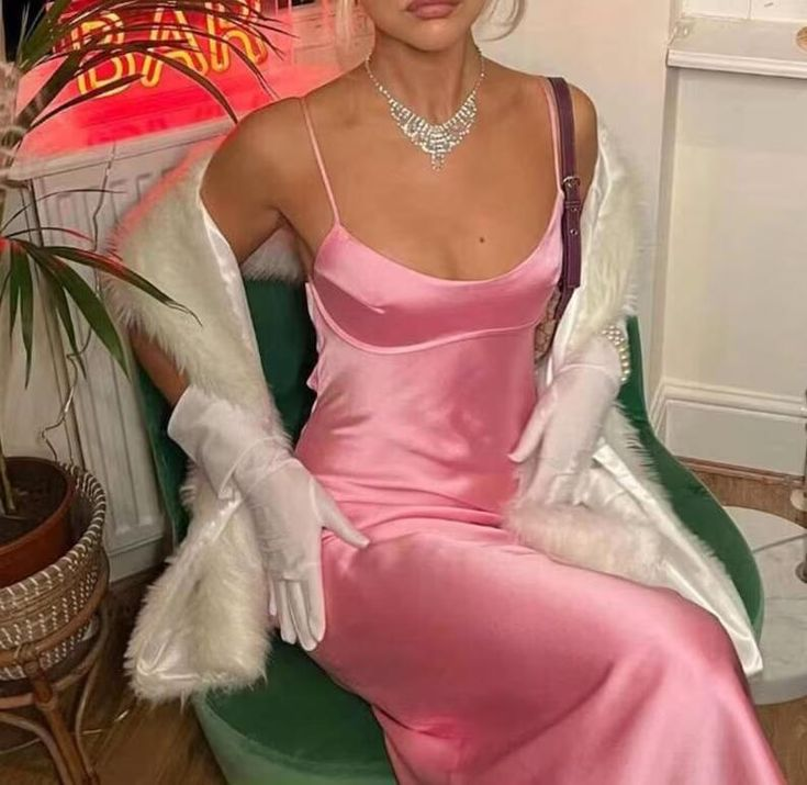 Pink Spaghetti Straps Satin Long Party Dress Wedding Guest Dress, DP3385