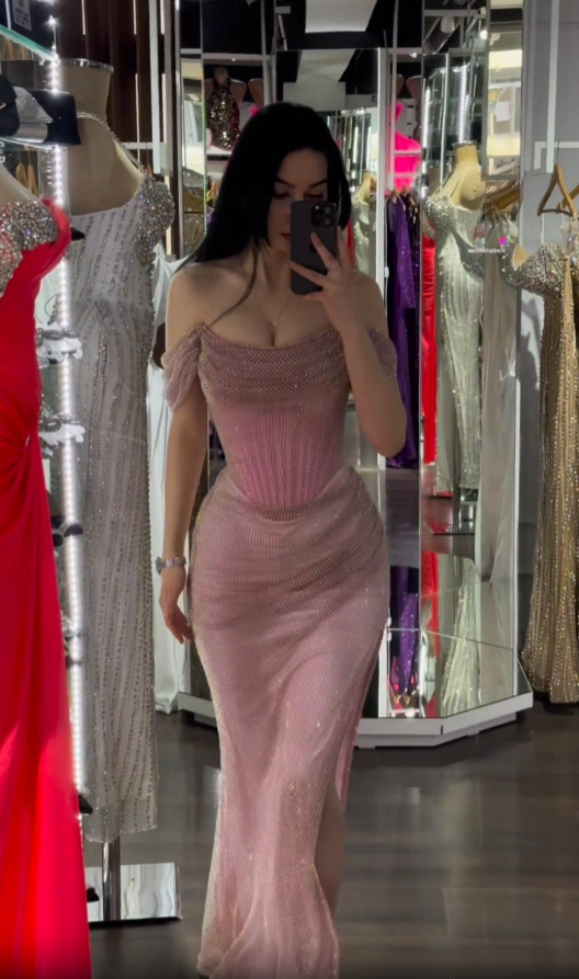 Rosa schulterfreies Meerjungfrau-Abendkleid, lang, DP3841