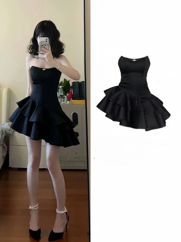 Black Strapless A-Line Ruffles Lovely Mini Homecoming Dress, DP2986