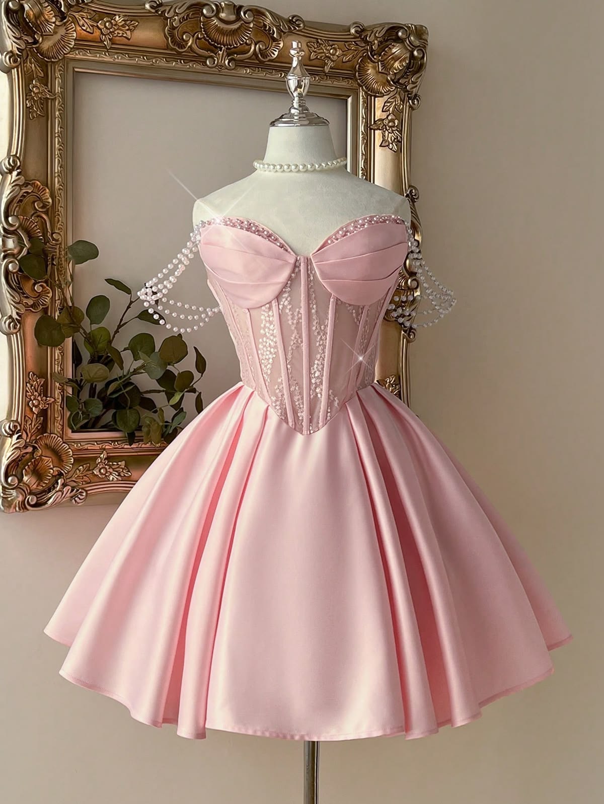 pink pearl homecoming dress Vintage Satin Off-the-Shoulder Chain Strap Lace Bodice A-Li – DSProm Subcat: Opera Glam halter with hot Duplicity Cut-Out Waist Layered Size:15 (34/35)