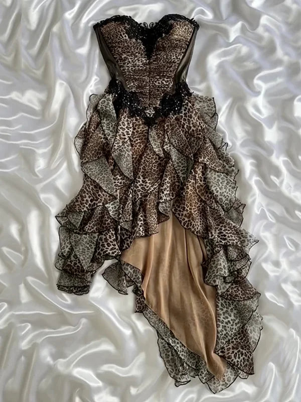 Vintage Leopard Print Strapless Ruffled Homecoming Dress Party Dress Cocktail Dress DP6666