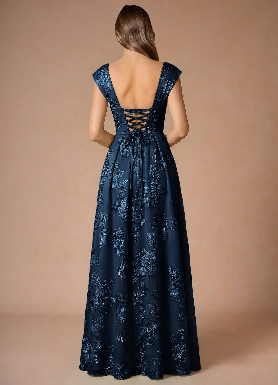 Elegant Navy Blue 3D Floral Applique Square Neck Cap Sleeve A-Line Prom Dress DP8781
