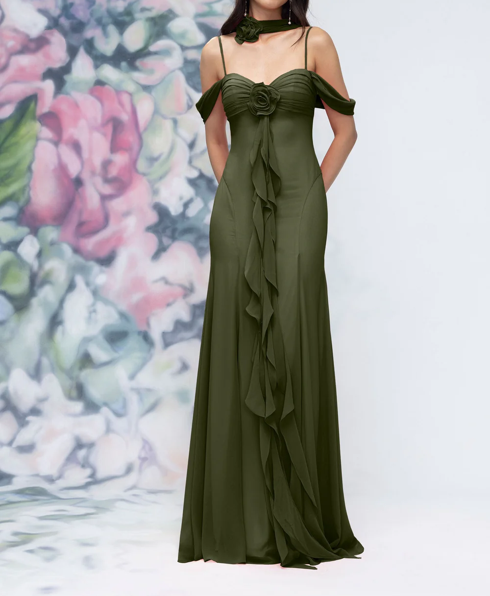 prom dresses with neck scarf Elegant Off-the-Shoulder Spaghetti Strap 3D Floral Chiffon – DSProm Sage Length Navy blue dress with PLP50323 Color:Rustic Honey