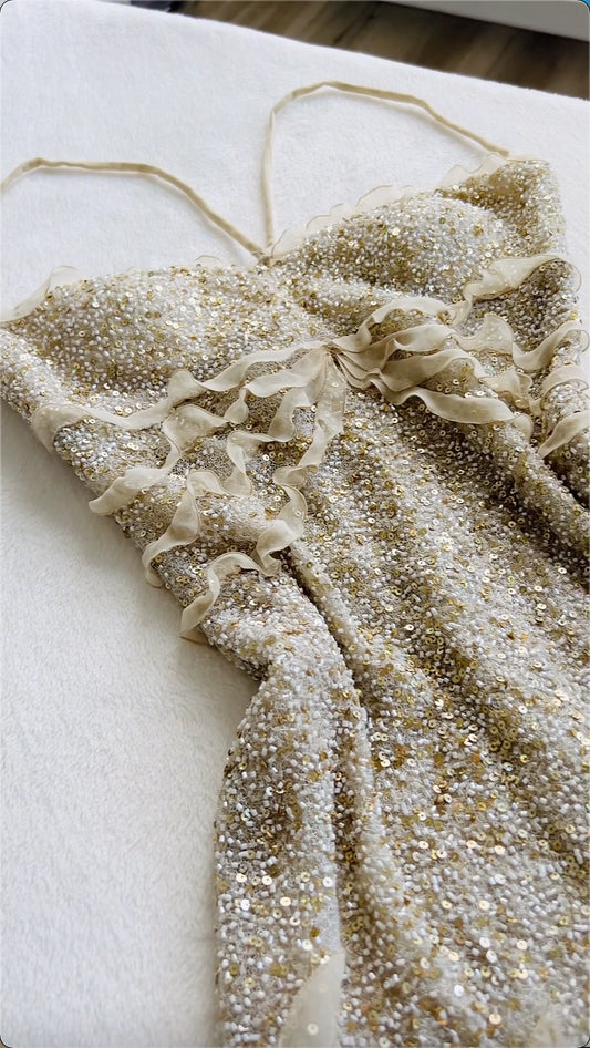 Bezauberndes, glänzendes, mit Pailletten und Perlen besetztes Ballkleid mit Spaghettiträgern, langes Abendkleid, DP6661