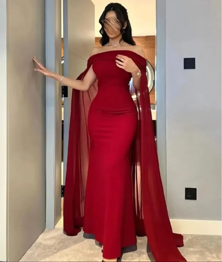 Charming Red Off Shoulder Mermaid Long Evening Dress with Cape, DP3233