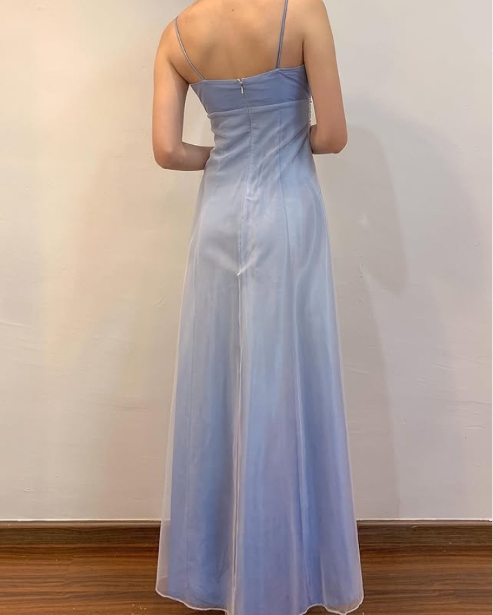 Light Blue Spaghetti Straps A-Line Satin Vintage Long Party Dress, DP3986
