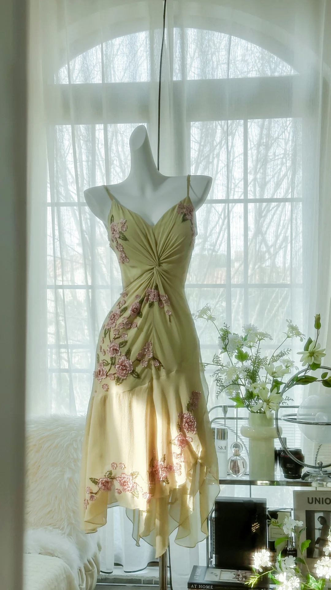 Vintage Light Green Spaghetti Strap Floral Design A-line Romantic Chif DSProm Vintage Light Green Spaghetti Strap Floral Design A-line Romantic Chif DSProm