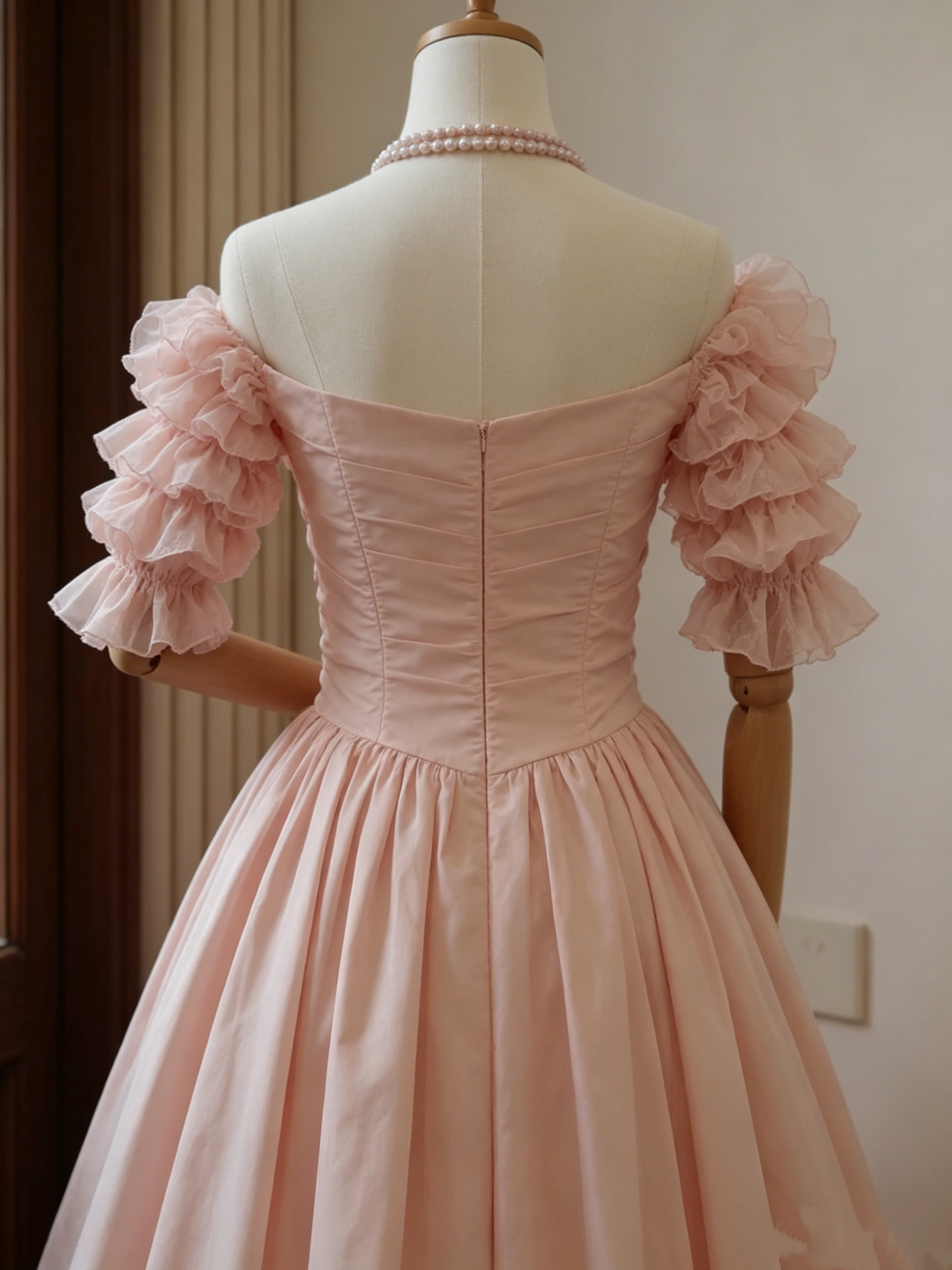 Cute Pink Off-the-Shoulder Ruffled Puff Sleeve Tea-Length Homecoming Dress DP8378