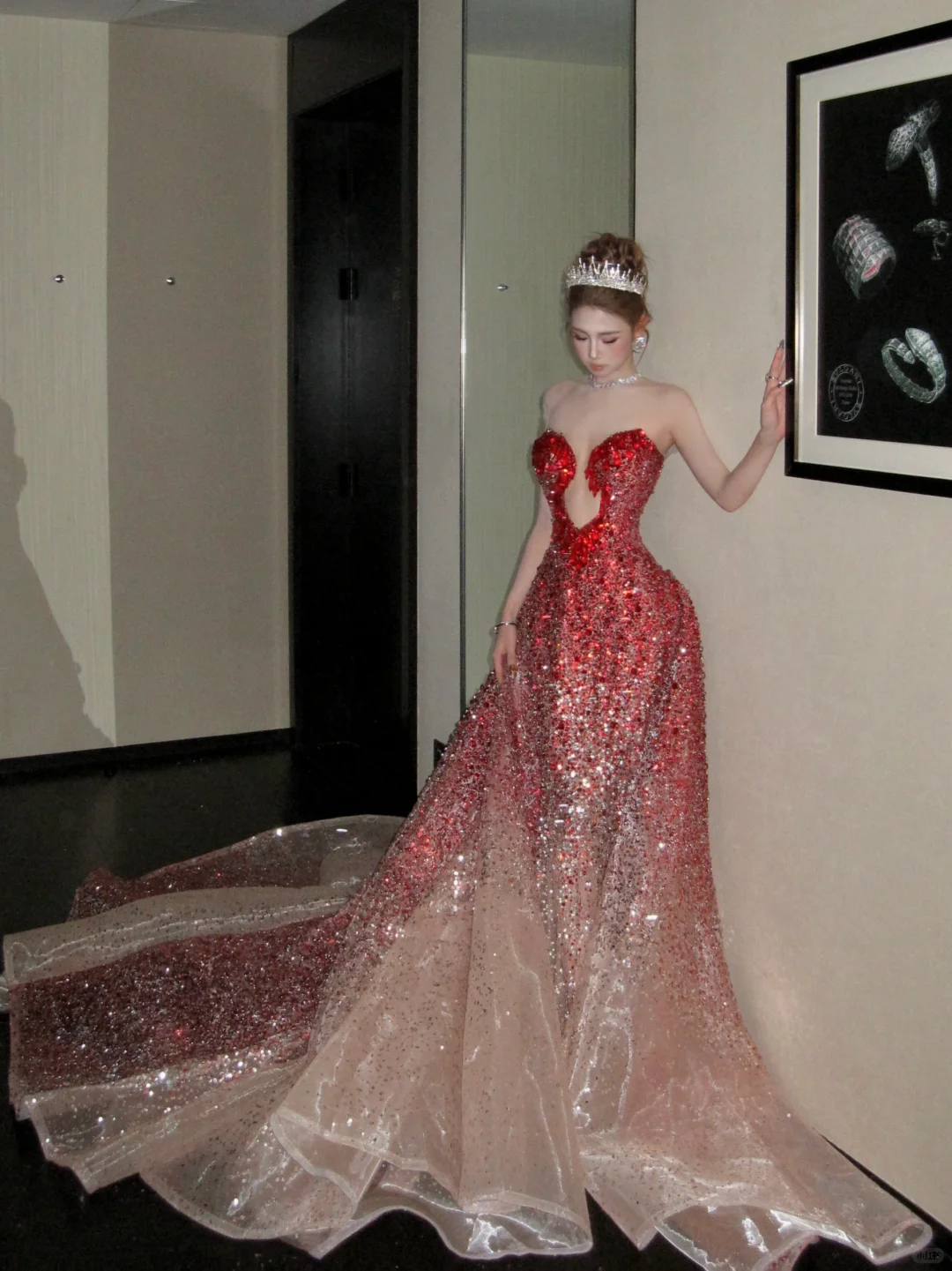 Vintage Farbverlauf Rot Liebsten Trägerlosen Meerjungfrau Design Sexy Ballkleid Abendkleid DP6253
