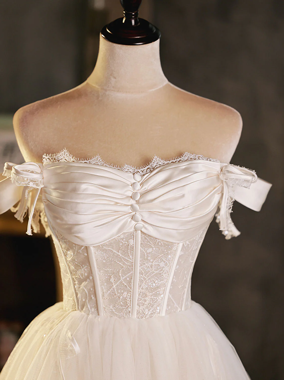 Robe de soirée trapèze en tulle et dentelle blanche vintage, épaules dénudées, DP6066