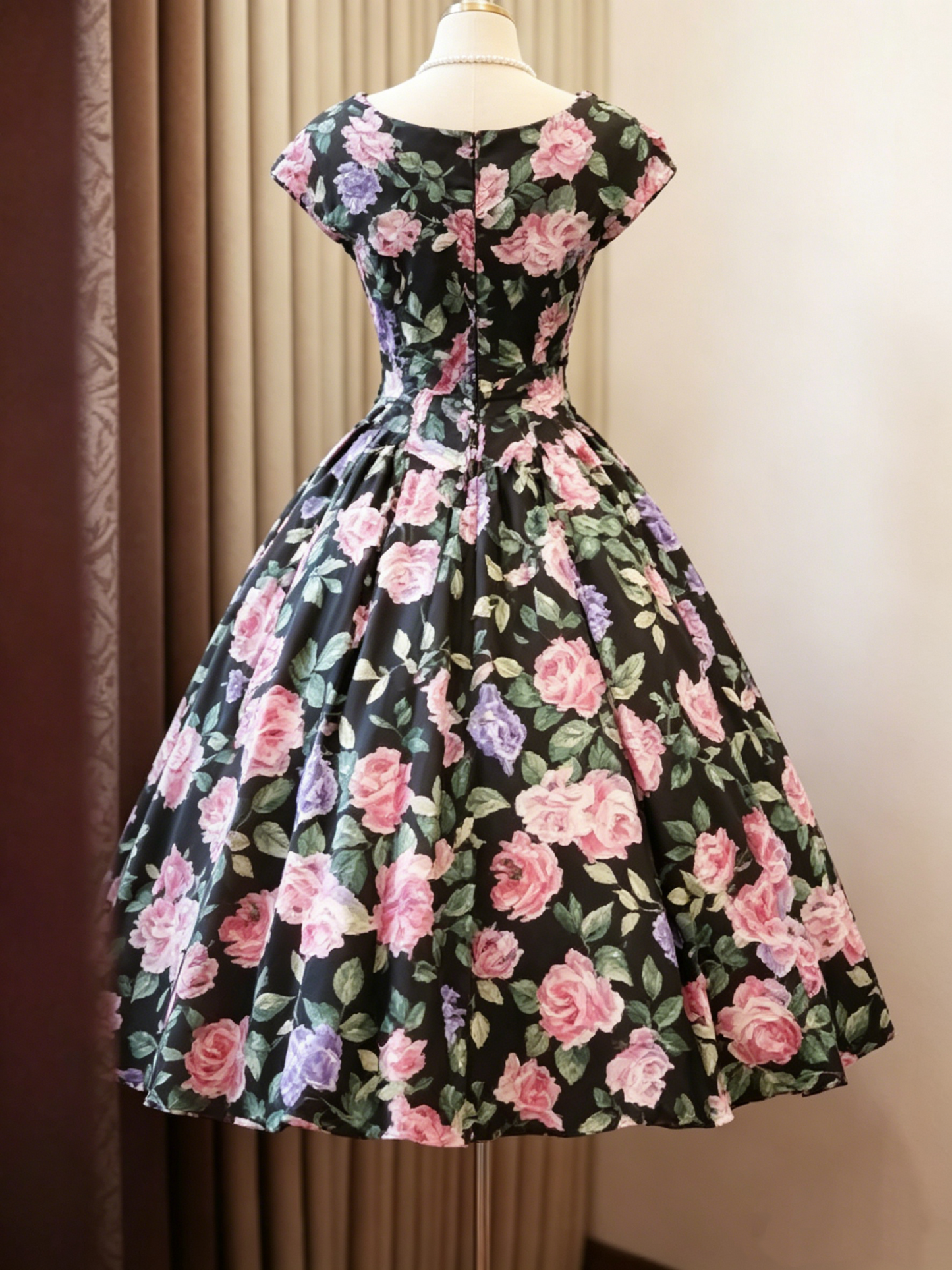 Cute Rose Floral Print Off-the-Shoulder Bow Tea-Length Homecoming Dress DP8383