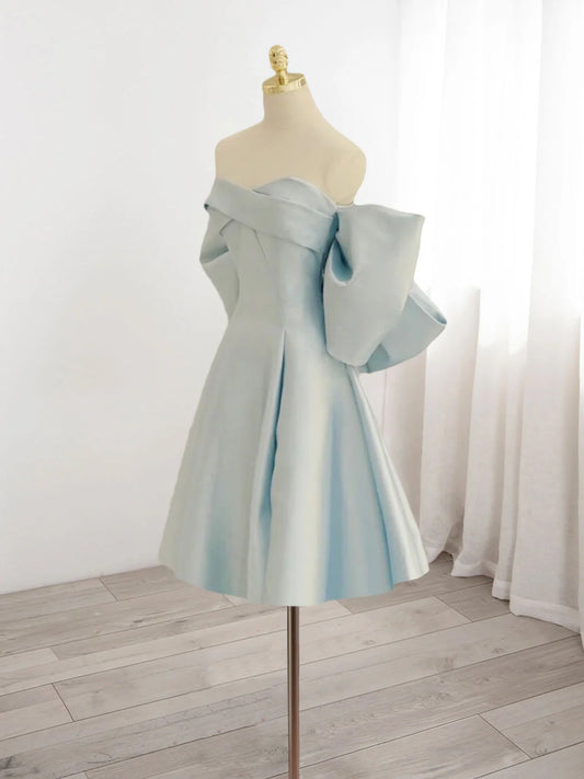 Vintage Light Blue Sweetheart Strapless Bow Design A-line Satin Party Dress Homecoming Dress DP6080
