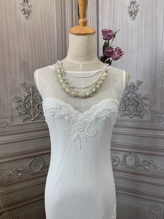 Vintage Ivory Sleeveless Mermaid Embroidery Tulle Wedding Dress DP7599