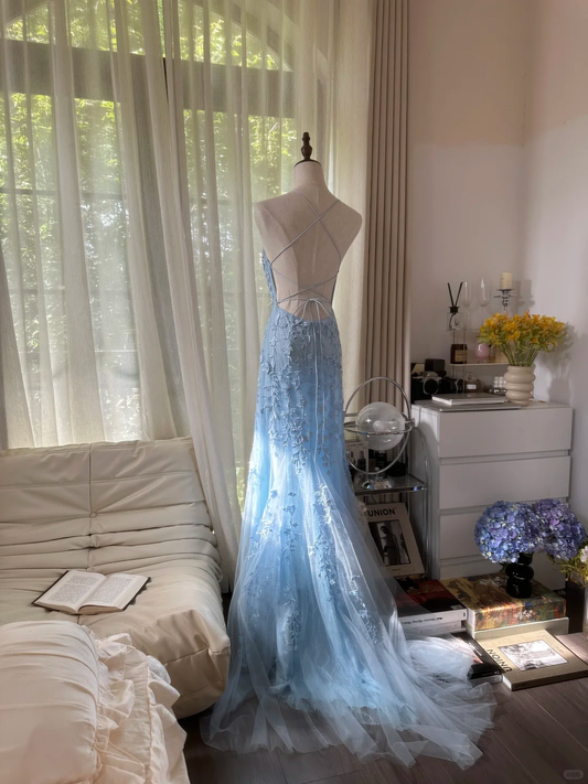 Retro Light Blue Applique Backless Design Romantic Chiffon Evening Dress Prom Dress, DP5988