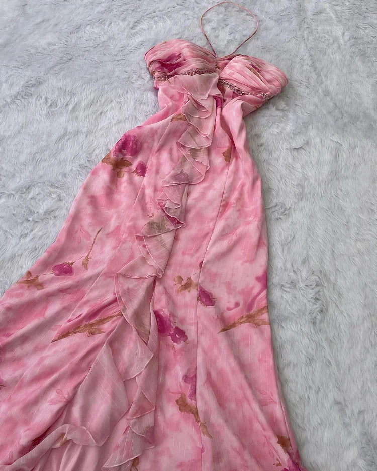 Vintage Pink Floral Prom Dress Sheath Ruffled Evening Dress Halter-neck Formal Dress DP6673