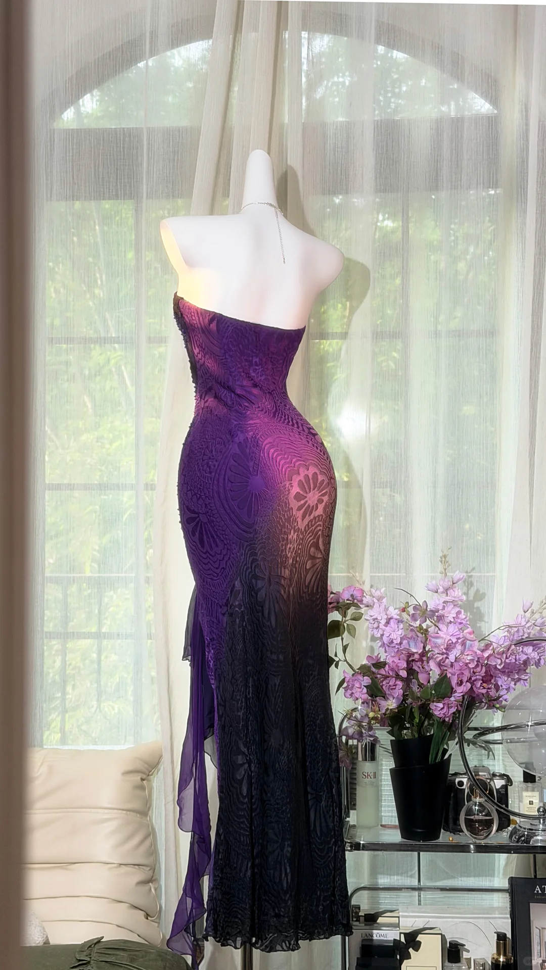 Sparkly Strapless Ombre Purple Beaded Mermaid Evening Dress Ruffled Chiffon Hem Prom Dress DP8303