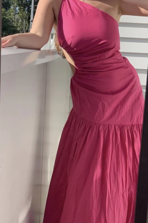 Robe de soirée longue rose vif asymétrique, coupe trapèze, DP2458