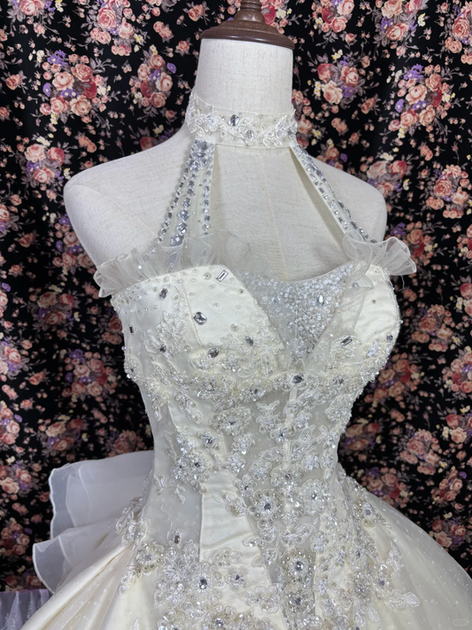 Glamorous Ivory Halter Neck Beaded A-Line Lace Ruffled Wedding Dress DP7345